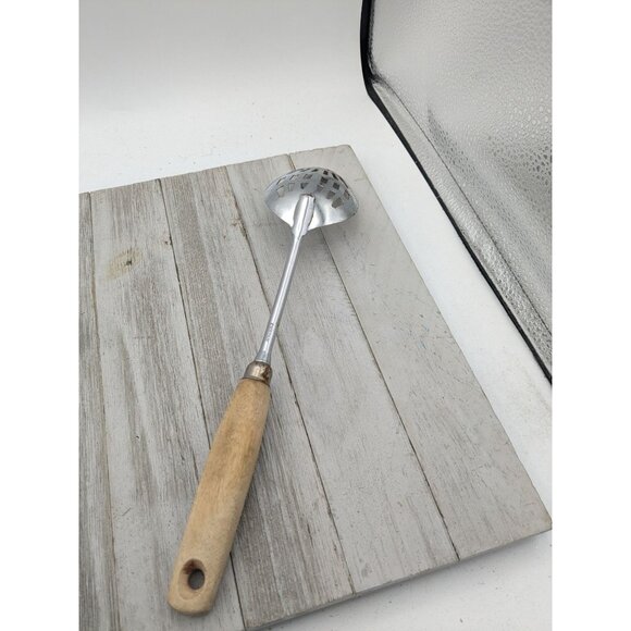 Vintage EKCO A&J Slotted Serving spoon Wood Handle 12" - Picture 4 of 9